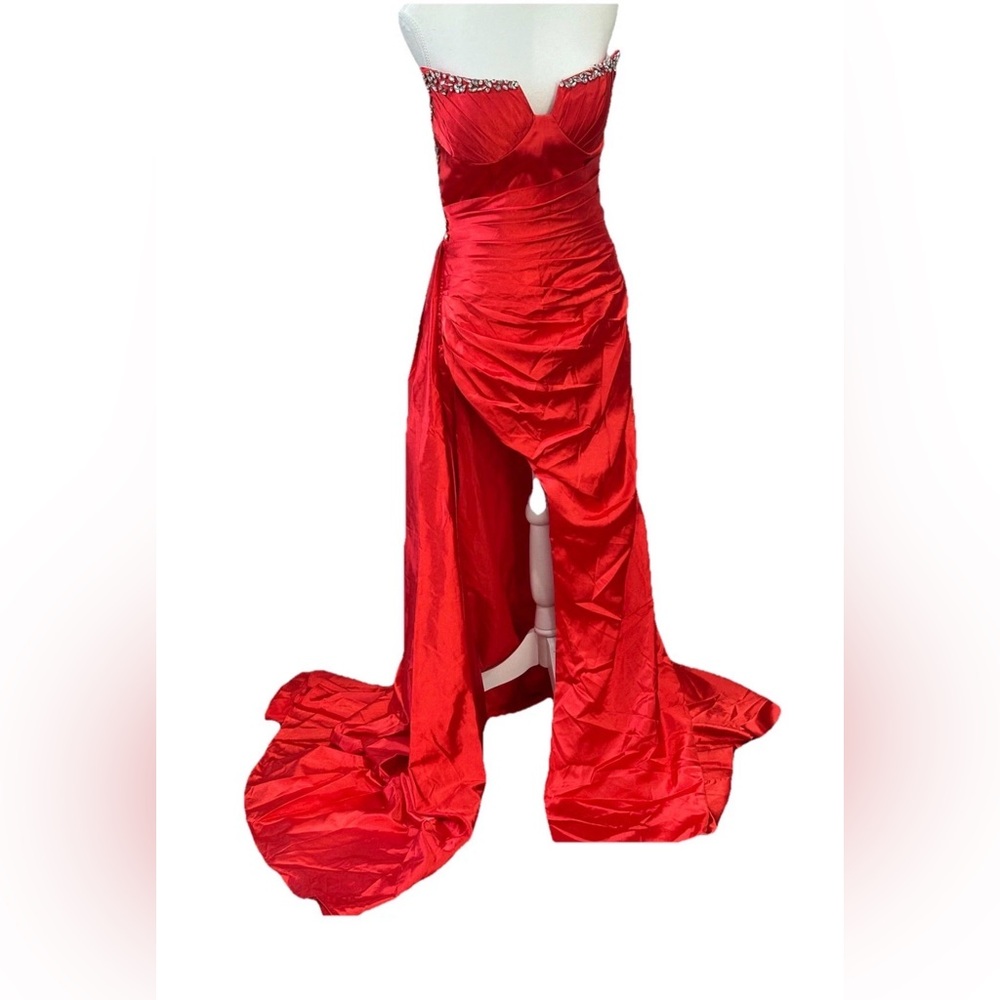 Satin Rhinestoned High Slit Red Satin Evening Gown Prom Dress Size 8